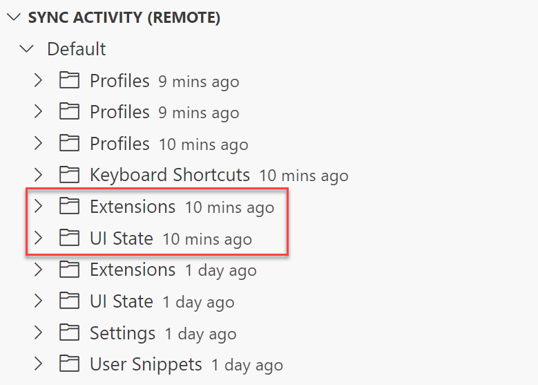 Screenshot of the Settings Sync activity view in VS Code with the Extensions and UI State folders highlighted.