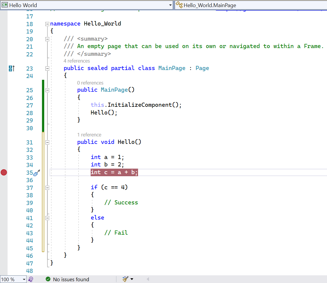 Screenshot of the Visual Studio editor window. A breakpoint (red circle) has been placed in the margin.