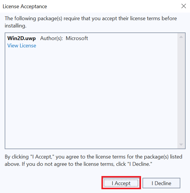 Screenshot of the license acceptance window in Visual Studio. The I accept button is highlighted.
