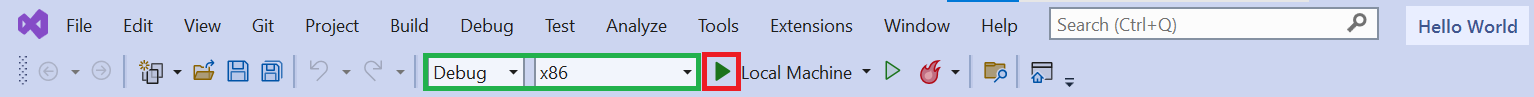 Screenshot showing the Visual Studio menu bar. The required debug settings are highlighted in green and the run button is highlighted in red.