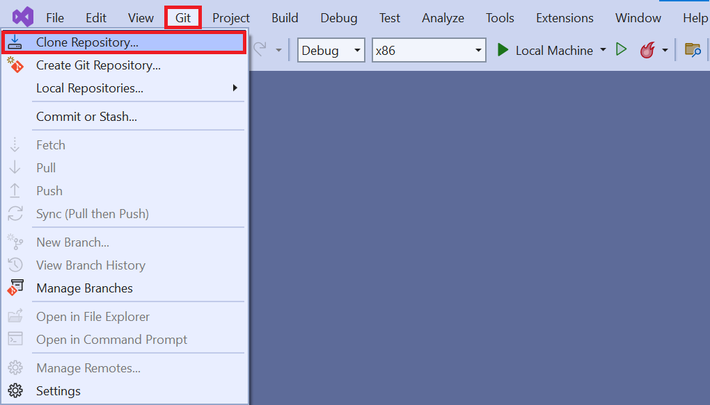 Screenshot of the Git menu in Visual studio. The Git menu and clone repository options are highlighted.
