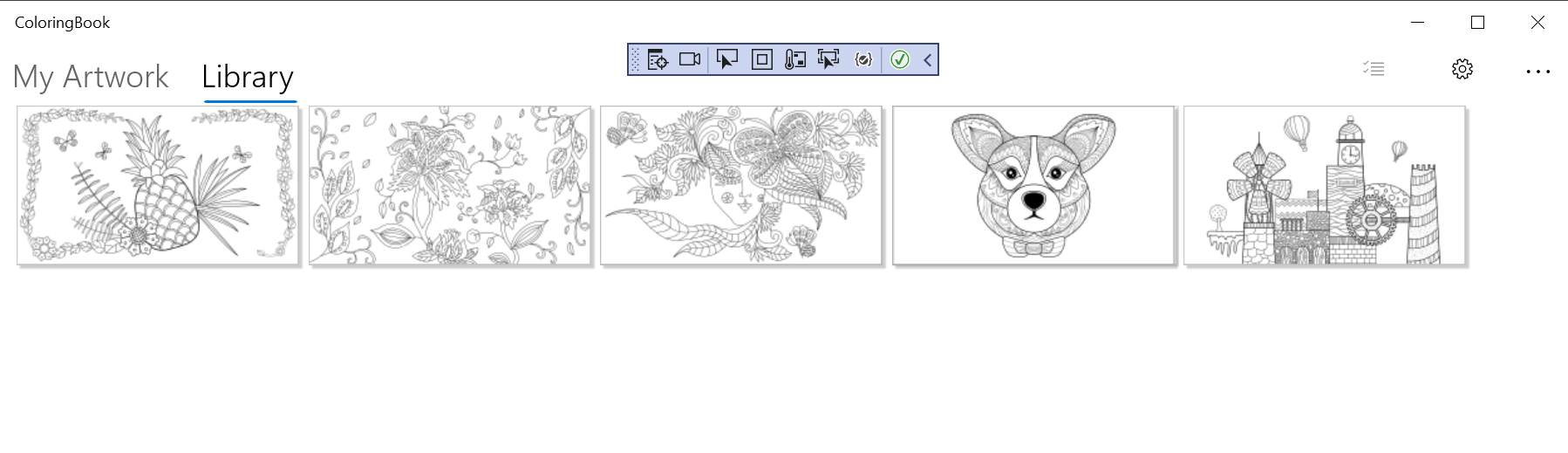 Screenshot of the Windows coloring book page selection screen. It displays coloring book pages the user may select to color.