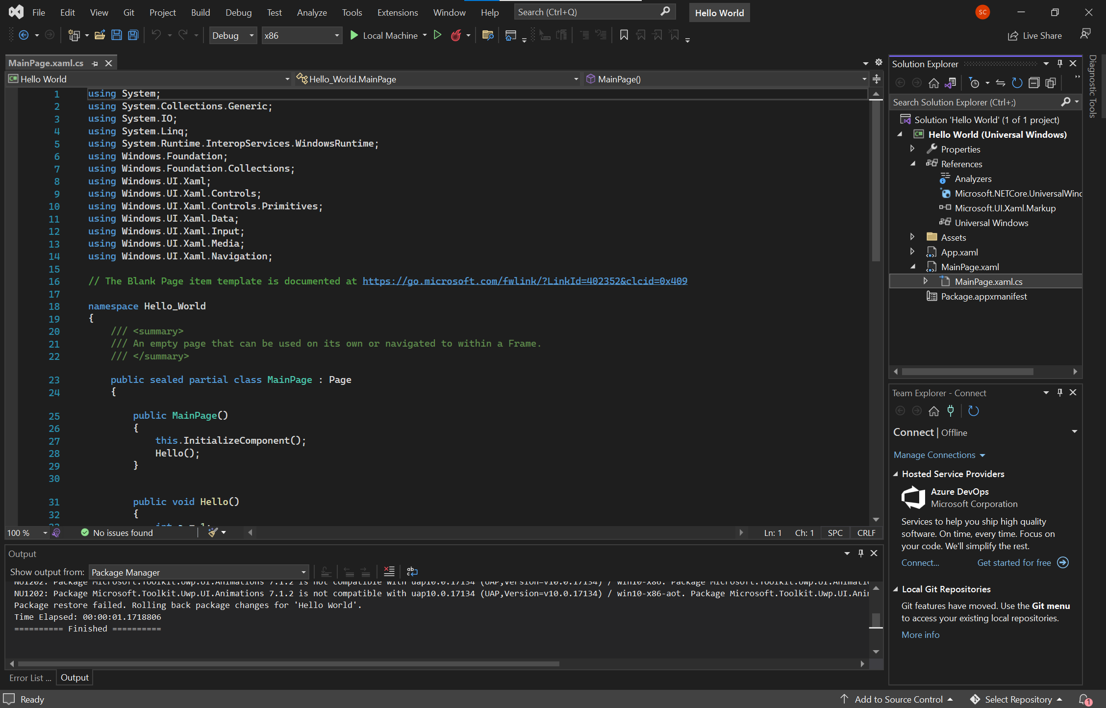Screenshot that shows the Visual Studio user-interface with the dark theme.