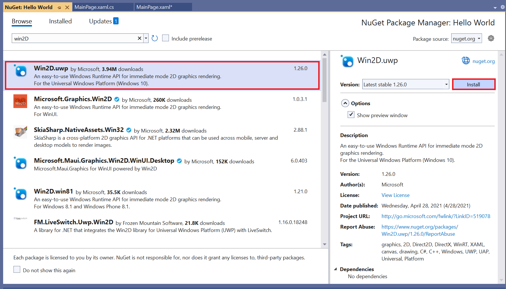 Screenshot of the NuGet package manager within Visual Studio. The win2D.uwp package is highlighted along with the install button.