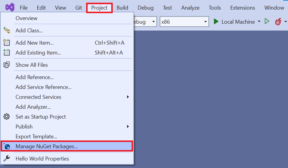 Screenshot of the project menu in Visual Studio. The project menu option and manage NuGet packages option are highlighted.