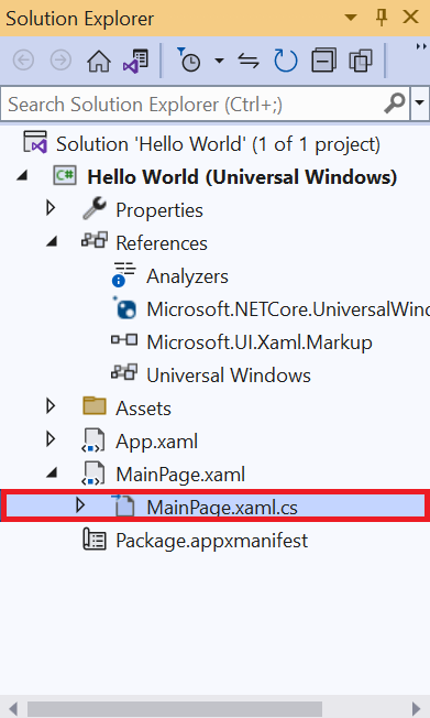 Screenshot of the Visual Studio solution explorer. The MainPage.xaml.cs file is highlighted.