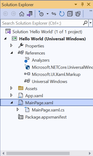 Screenshot of the Visual Studio solution explorer. The MainPage.xaml file is highlighted.