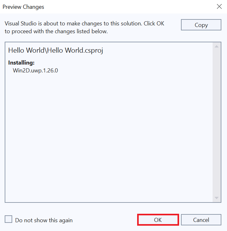 Screenshot of the preview changes window in Visual Studio. The OK button is highlighted.