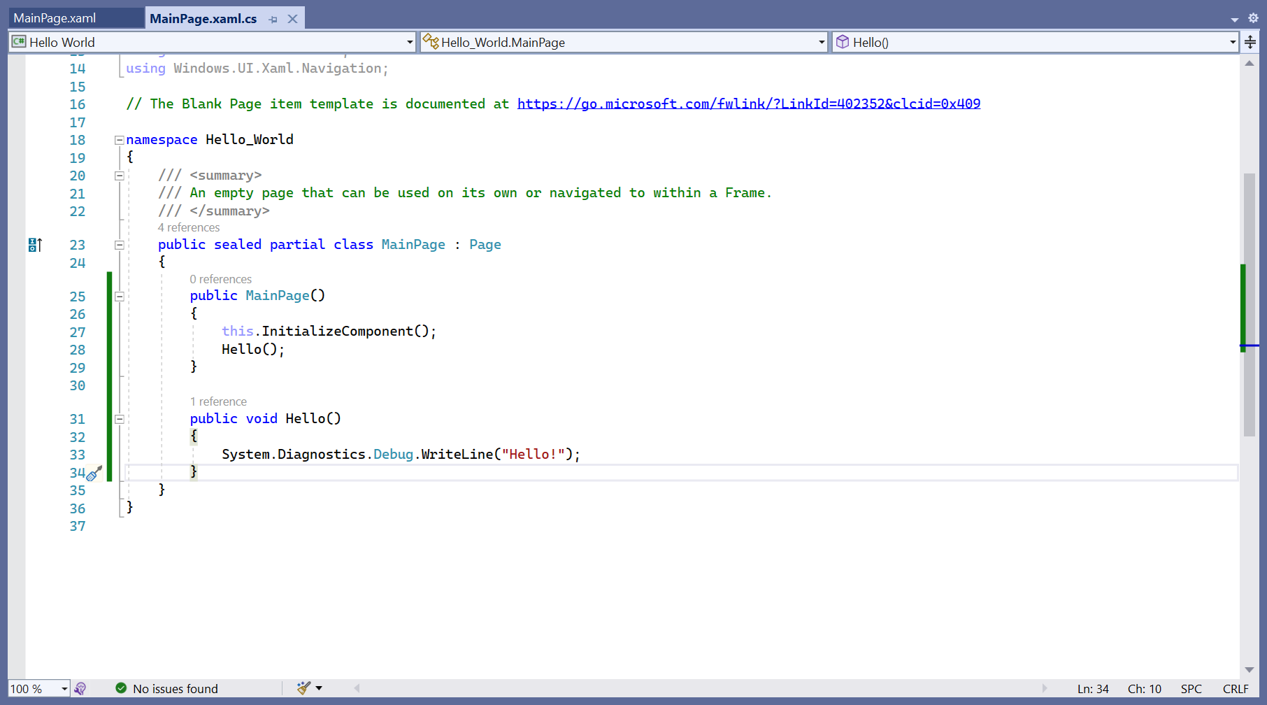 Screenshot of the editor window in Visual Studio. Sample code from the writeline steps from above is shown.