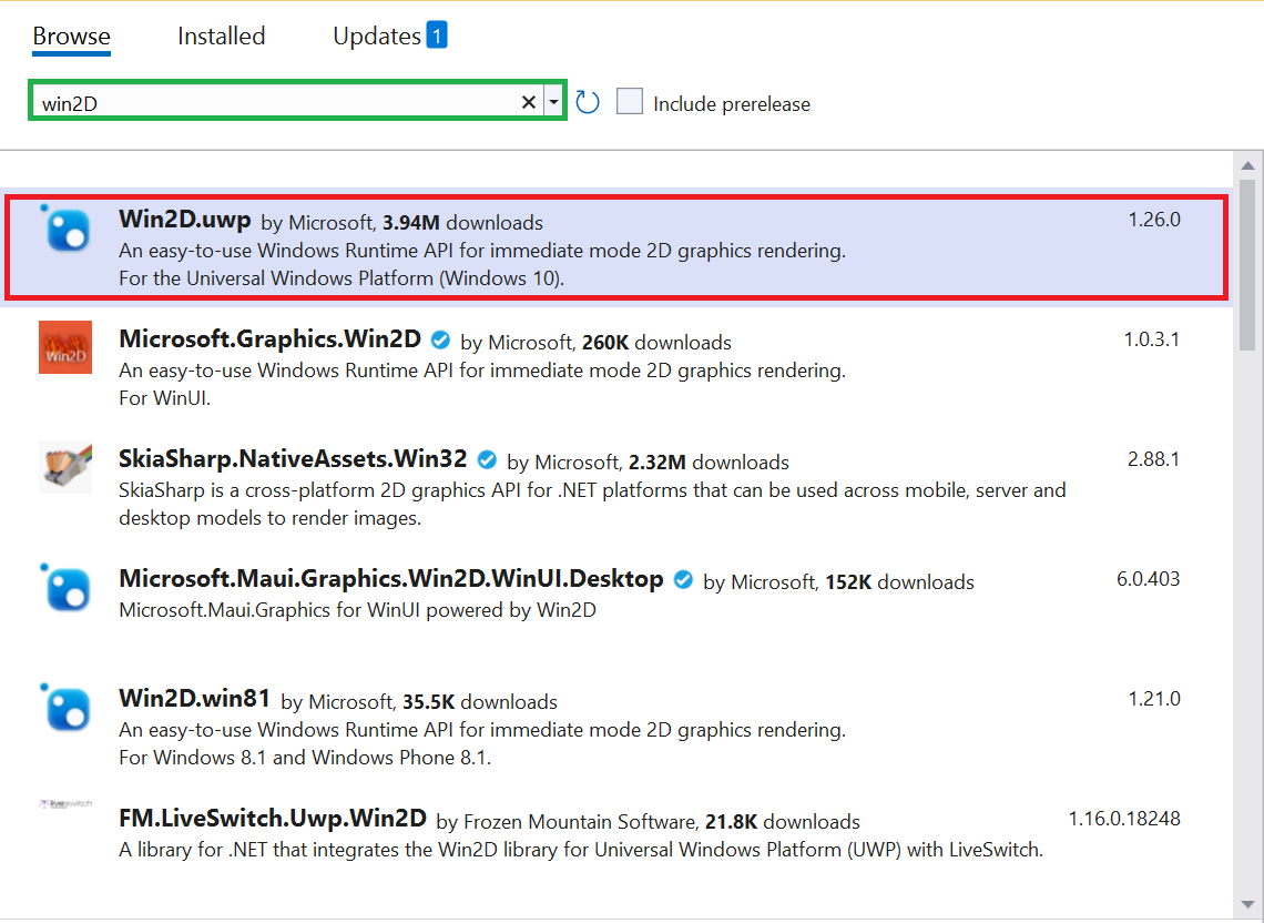 Screenshot of the NuGet package manager within Visual Studio. The search bar (and relevant package) are highlighted.