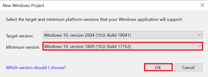 Screenshot of the new Windows project screen. The minimum version Windows 10, version 1809 is selected and highlighted.