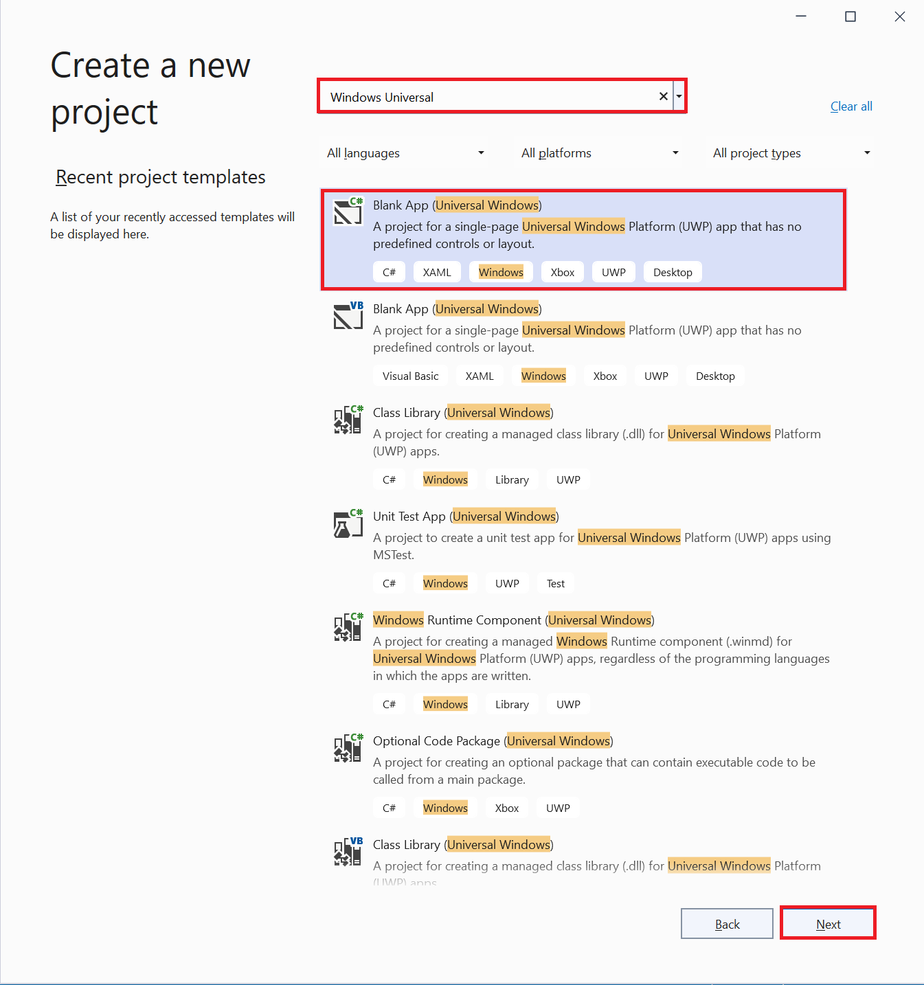 Screenshot of the create a new project window. The search bar contains the text Windows Universal and is highlighted along with the correct template.