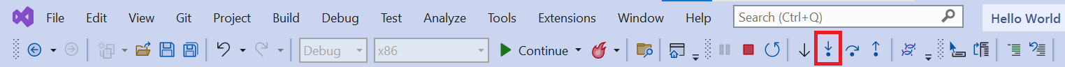 Screenshot of the Visual Studio menu bar. The step into option is highlighted.
