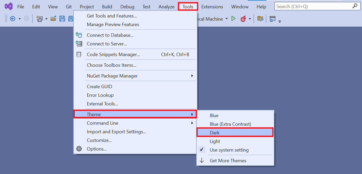 Screenshot of the Visual Studio tools menu. The tools, theme, and dark options are all highlighted.