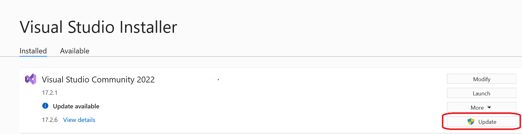 Screenshot showing Visual Studio Installer. The update button is highlighted.
