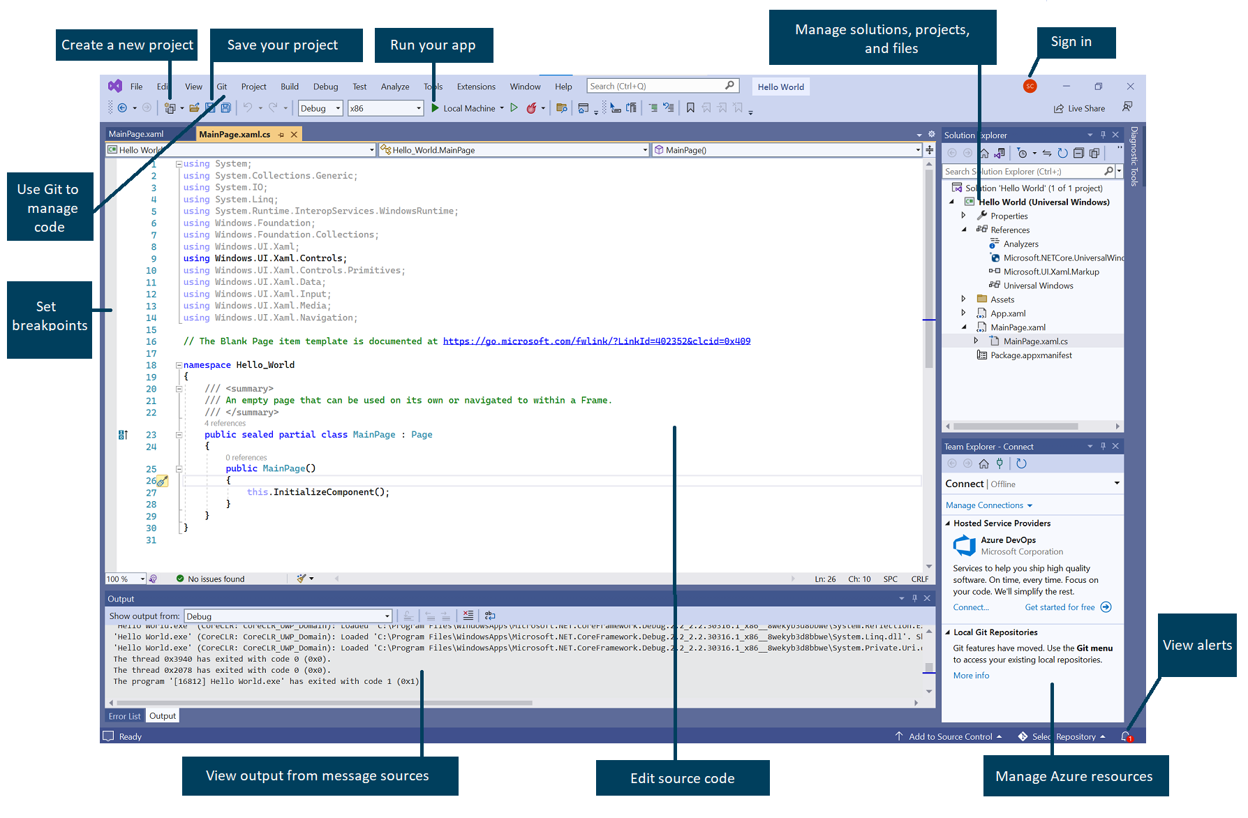 Screenshot of the Visual Studio user-interface in editor view. The main features are labeled.