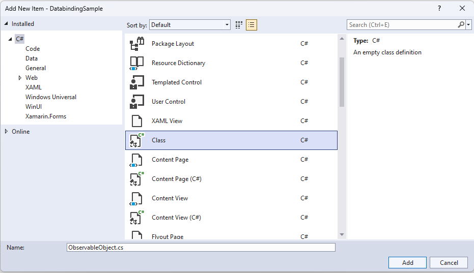 Screenshot of Visual Studio showing the Add New Item dialog with a Visual C# class type selected.