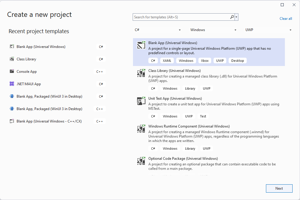 Screenshot of the Visual Studio Create a new project dialog box.
