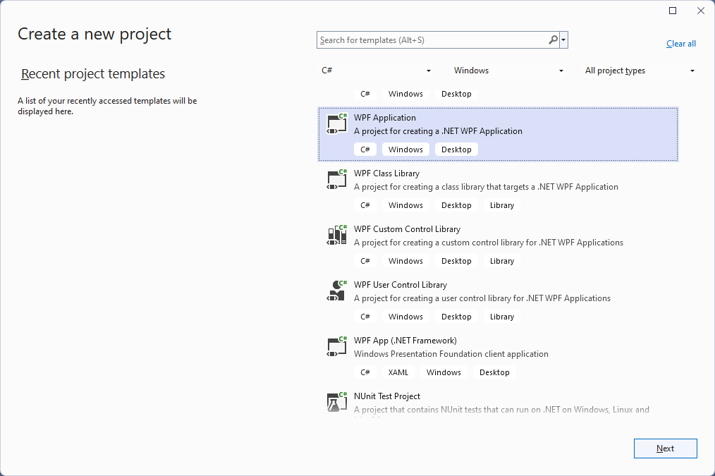 Screenshot of the Visual Studio Create a new WPF project dialog box.