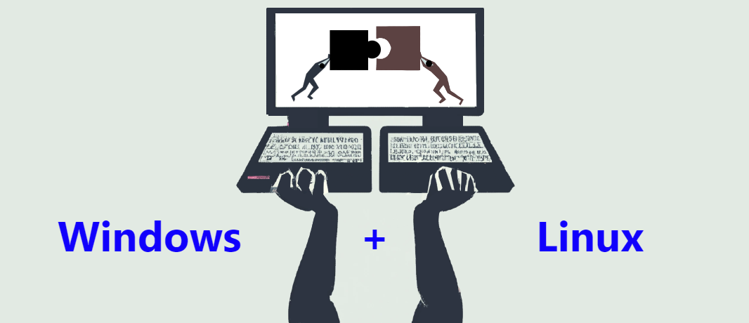 Illustration of a laptop with puzzle pieces representing Windows and Linux fitting together.