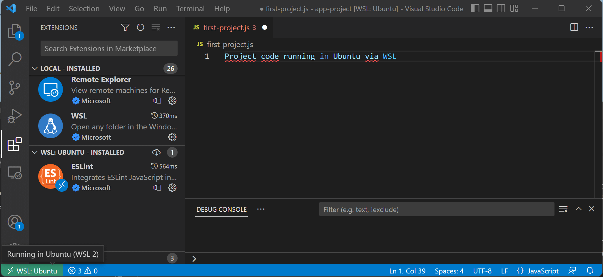 Screen capture of project code stored in Ubuntu opened in VS Code with the WSL Extension.