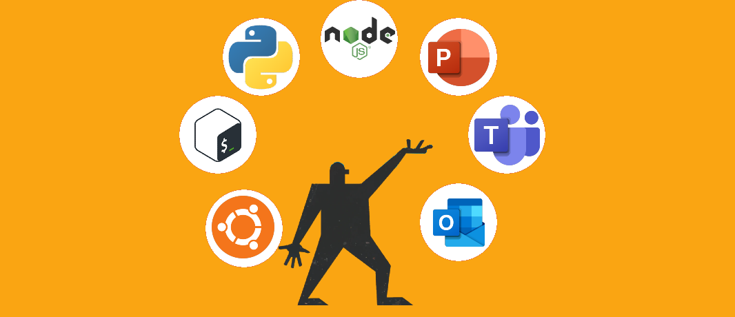 Illustration of a person juggling 7 different software applications.