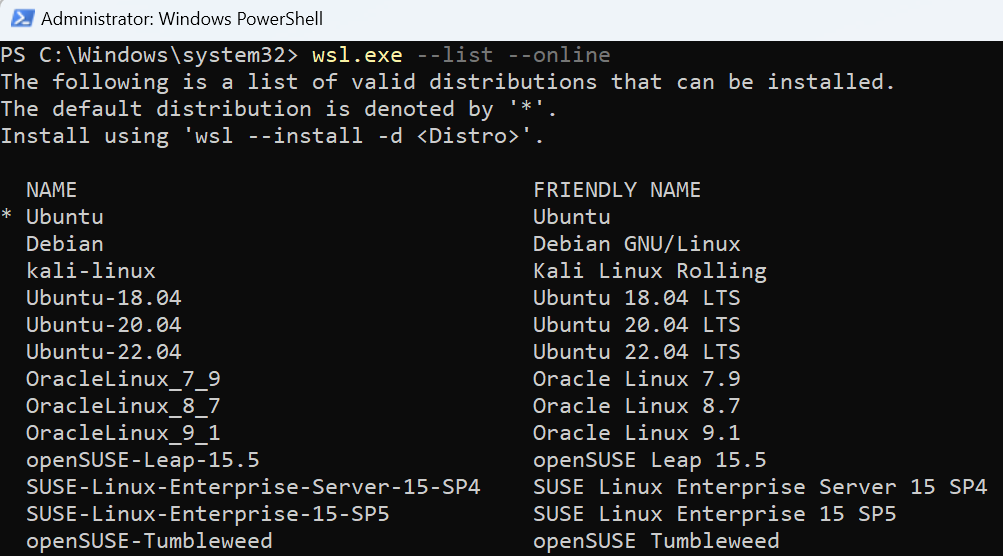Screenshot of PowerShell with wsl list online command display of Linux distributions available in the Microsoft Store.