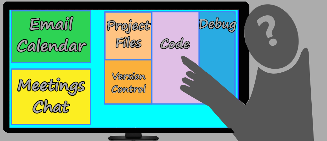 Illustration of a screen with multiple types of software applications running and a person making a decision.