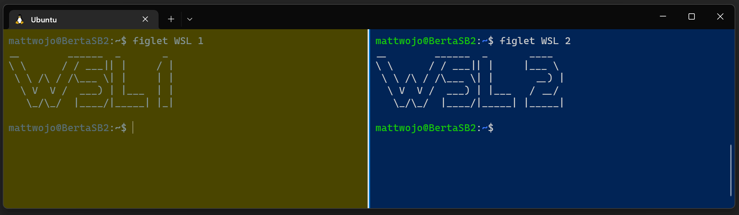 Screenshot of Ubuntu running on a WSL 1 architecture next to the same instance running on WSL 2.