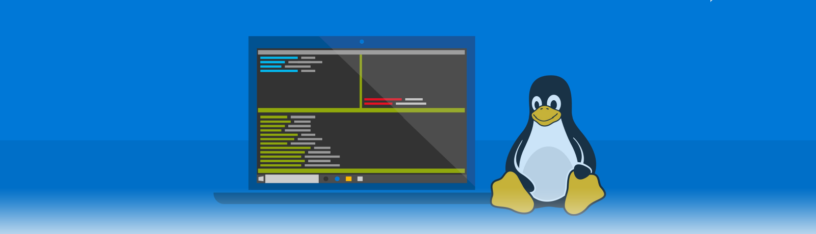 Illustration of a laptop running Windows with the Linux penguin sitting next to it.
