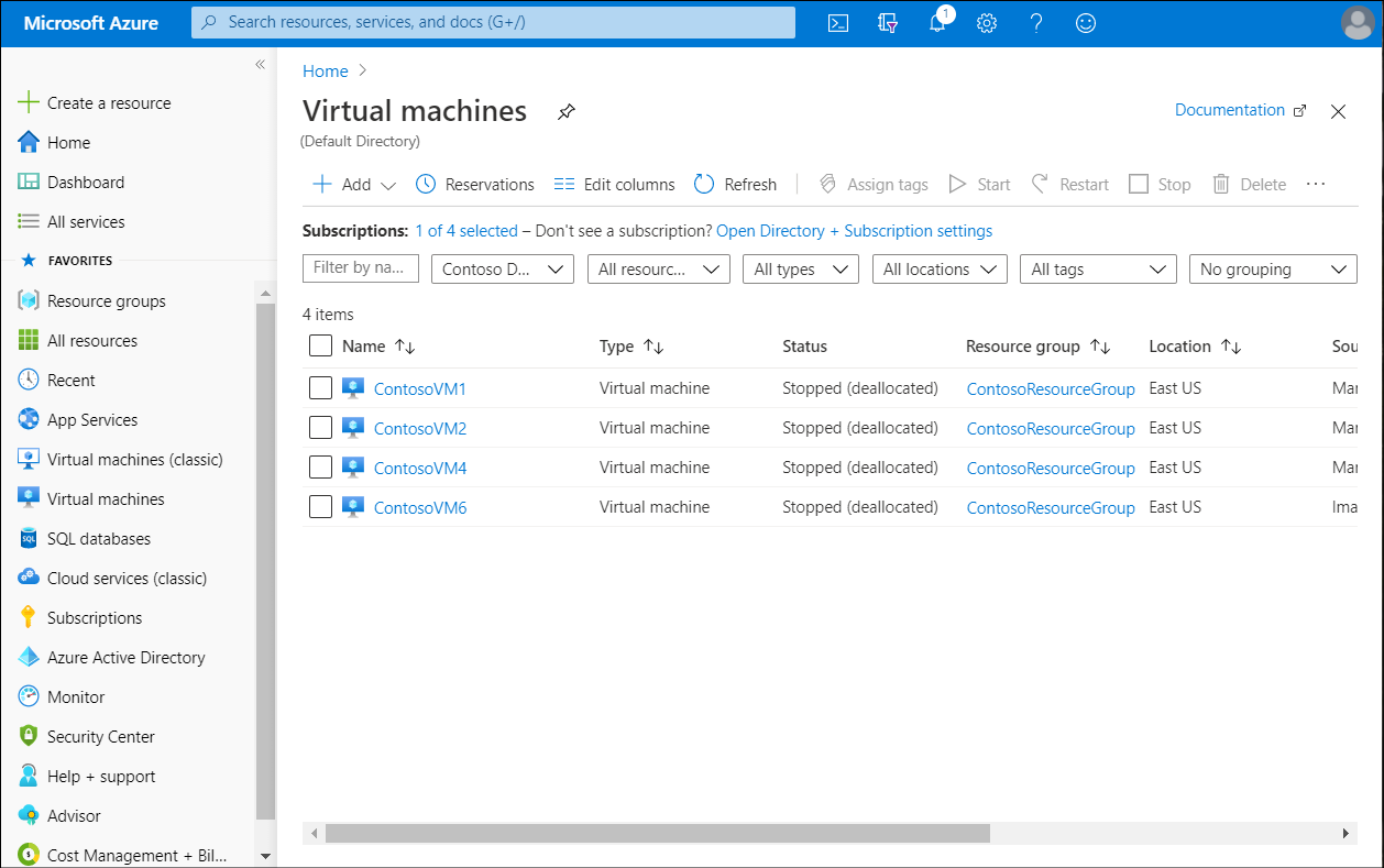 A screenshot of the Azure portal displaying the Virtual machines blade. Four VMs are listed, all with the Stopped (deallocated) Status.