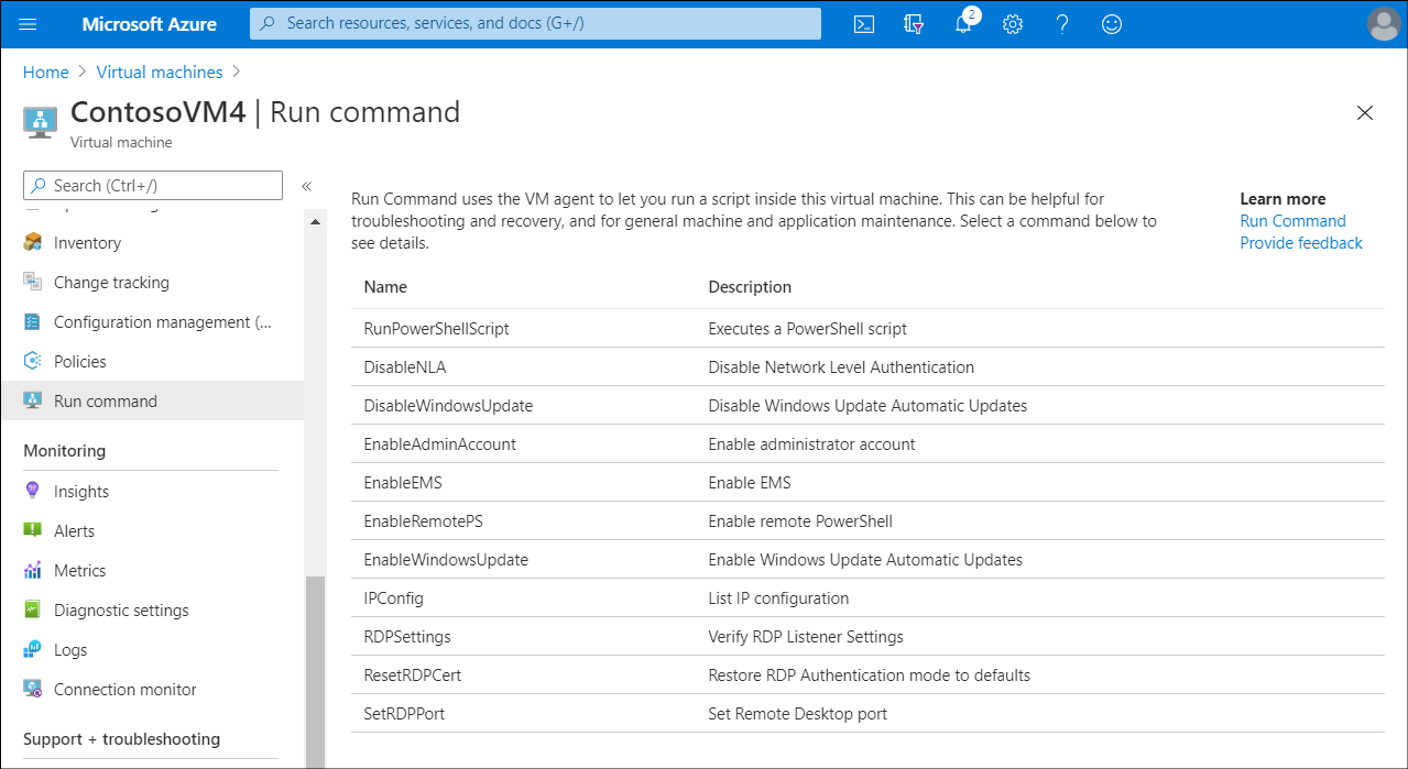 A screenshot of the Run command blade for the ContosoVM4 VM. A list of PowerShell commands is listed.