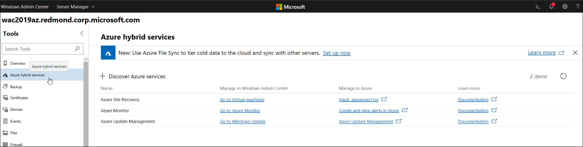A screenshot of Windows Admin Center. The administrator has selected the Azure hybrid services node.