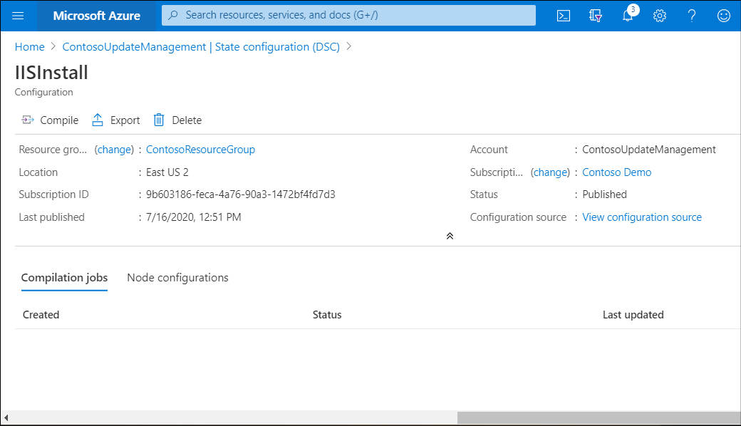 A screenshot of the Configuration blade in the Azure portal. The administrator is about to compile a configuration called IISInstall.