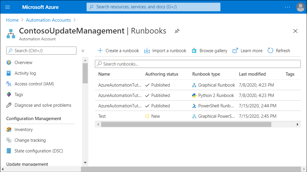 A screenshot of the Runbooks blade in the Azure portal for an automation account. Four runbooks are displayed, one of which is in the draft mode with the status New.