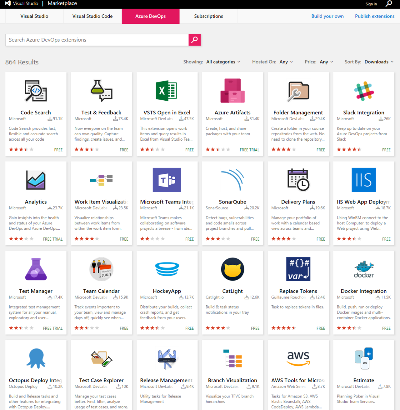 Screenshot of the Azure DevOps marketplace.