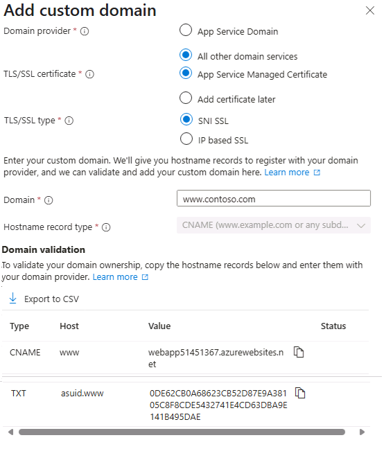 Screenshot that shows the custom domain page in the Azure portal.