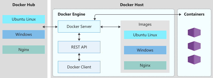 Diagram that shows Docker Hub communicating with Docker Host.