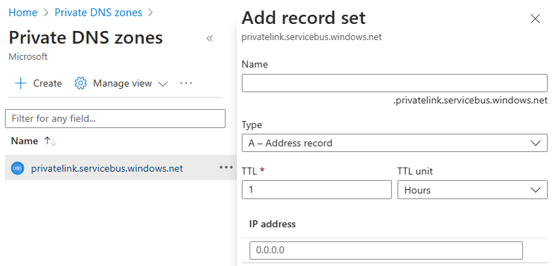 Screenshot that shows how to add a DNS record set in the Azure portal.