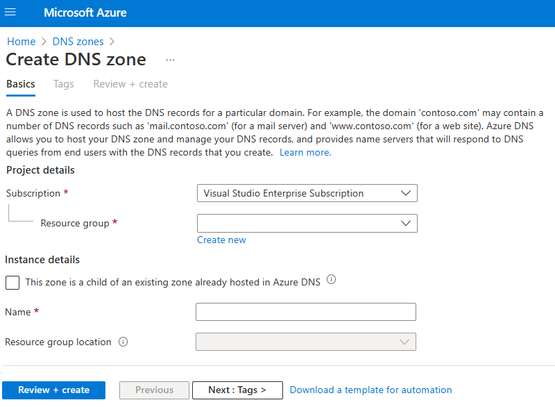 Screenshot that shows how to add a DNS zone in the Azure portal.