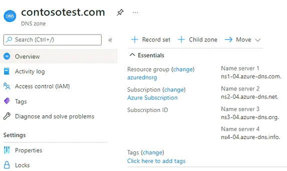 Screenshot of a DNS zone with four assigned DNS name servers in the Azure portal.