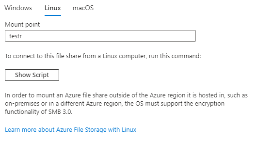 Screenshot that shows how to connect to an Azure Files share with Linux in the Azure portal.