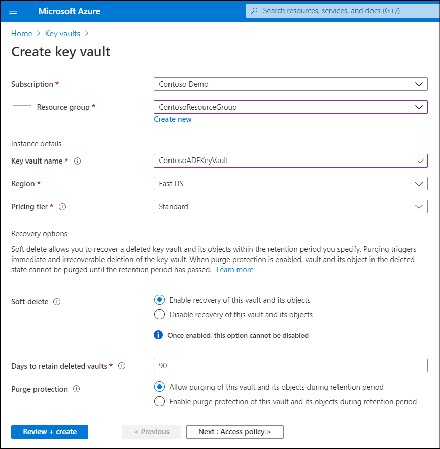 A screenshot of the Create key vault blade in Azure portal. The administrator has entered the details to match the text in the preceding Azure CLI command.