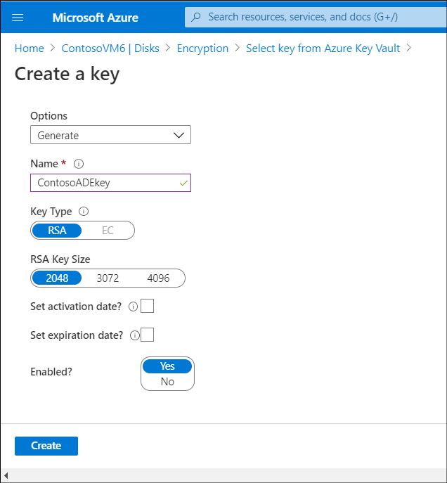 A screenshot of the Create a key blade in the Azure portal. The administrator has chosen to Generate a new key called ContosoADEkey.