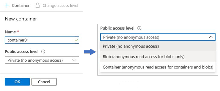 Screenshot that shows the container creation page and the public access level choices in the Azure portal.