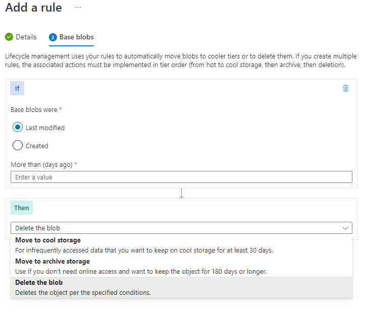 Screenshot that shows how to add a lifecycle management policy rule for blob data in the Azure portal.