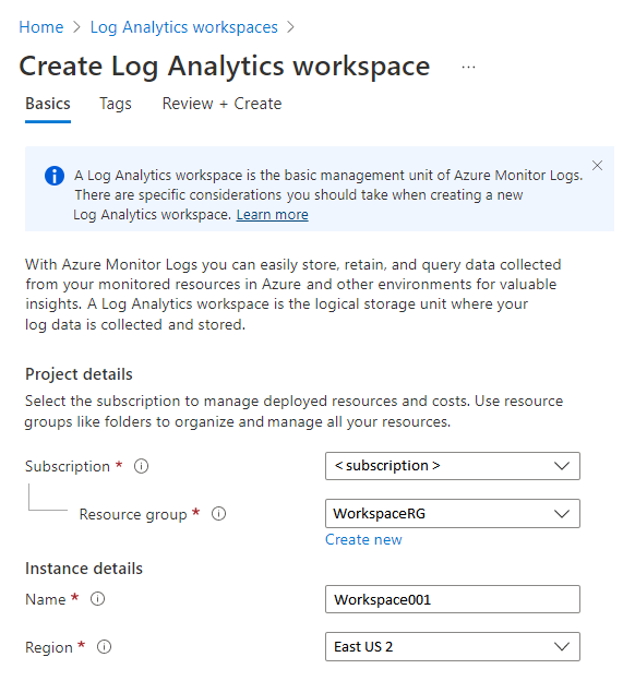 Screenshot that shows how to create a Log Analytics workspace in the Azure portal.