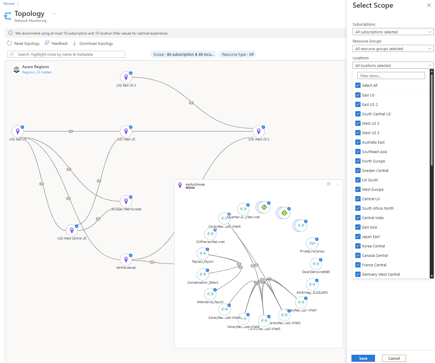 Screenshot displaying Azure Network's Topology view of a network and its configuration.