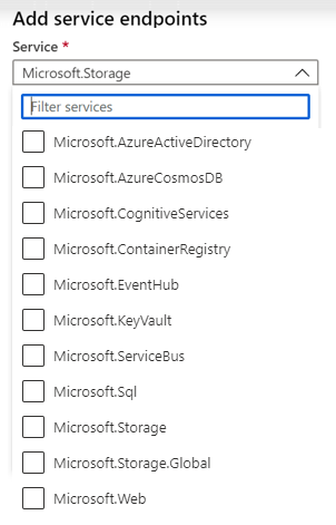 Screenshot of the Service endpoints page in the Azure portal.