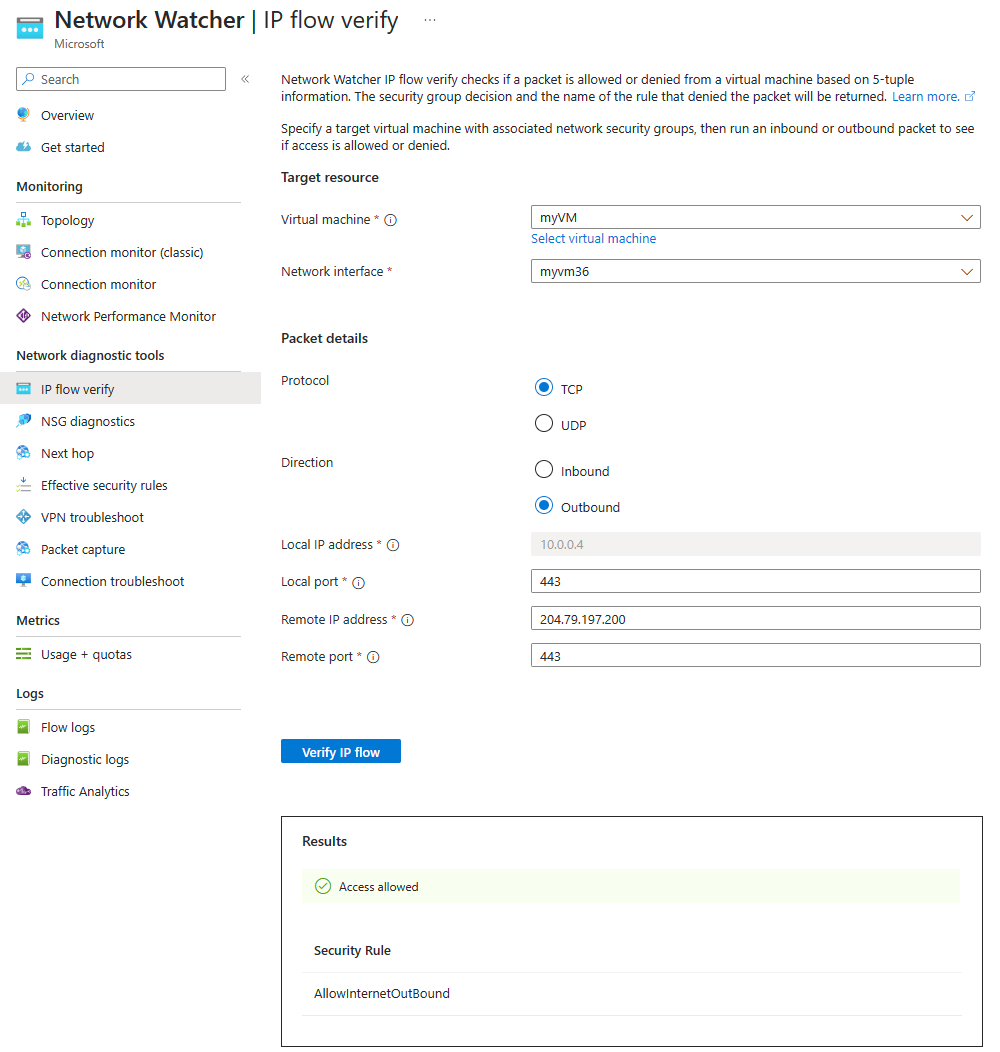 Screenshot of the IP flow verify feature in the Azure portal.